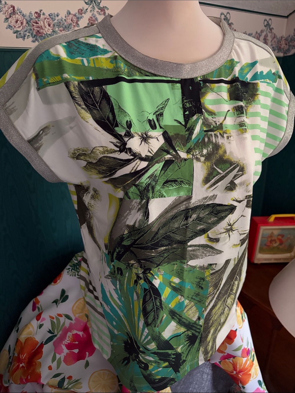 Olsen women’s Green Botanical Print Tee
with Silver Trim